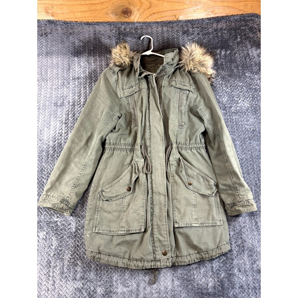 American Eagle Outfitters Parka Jacket Womens Small Green Hooded Faux Fur Trim